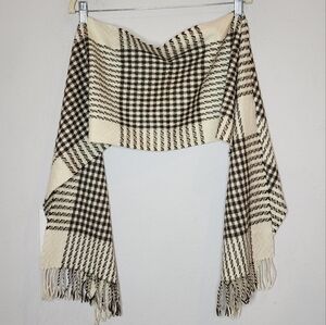 100% Cashmere Scarf Made In Germany Cream And Brown Plaid‎ Fringe Hem
